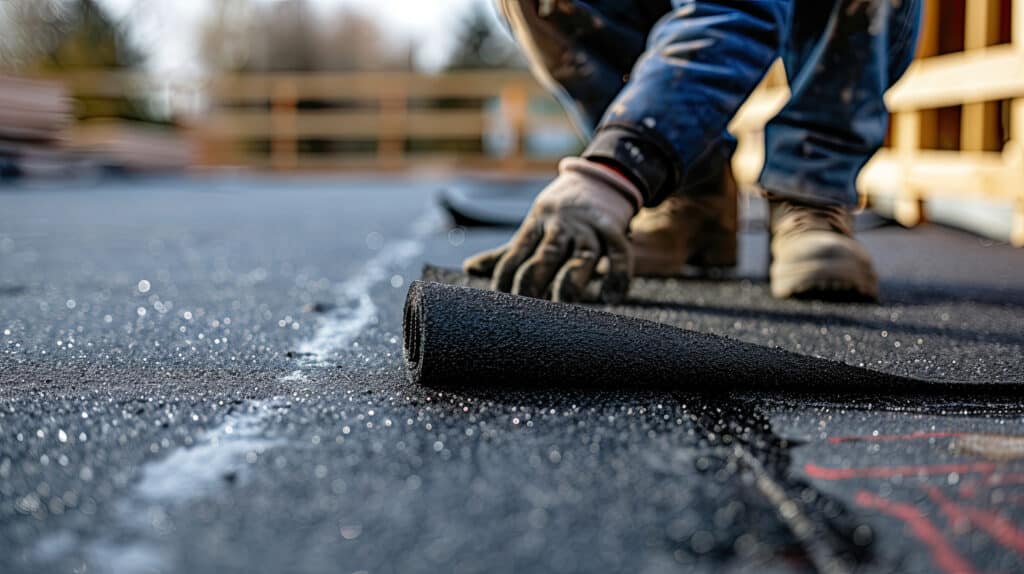 Pose d'étanchéité sur toit plat : membrane bitumineuse Un couvreur déploie une membrane d'étanchéité bitumineuse sur un toit plat lors de travaux de rénovation.
