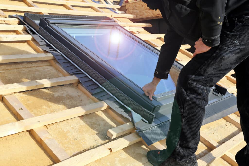 Installation de Fenêtre de Toit : Guide Pose de Velux Couvreur installant une fenêtre de toit sur une charpente en bois lors d'une rénovation de toiture isolée.